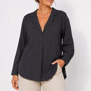 GO SILK Sz 2X Black Silk Blouse Plus Size Long Sleeve Collared Tunic Top NWT